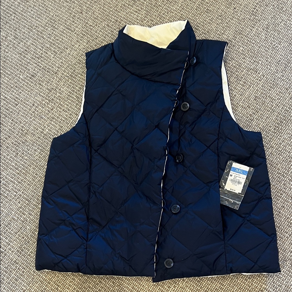 J McLaughlin women’s down vest.  Reversible dark navy/wht. Size M